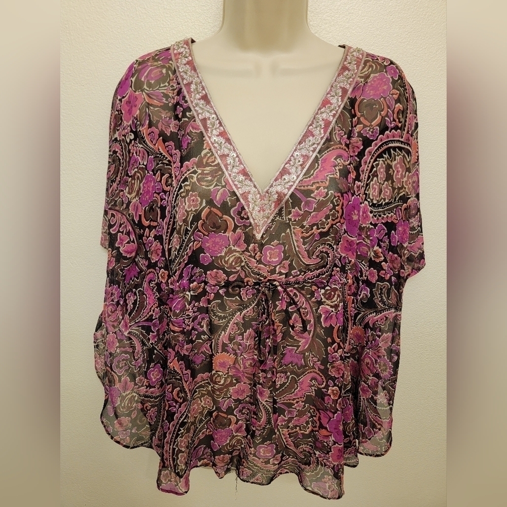 Banana Republic Blouse with Butterfly Sleeves and Beaded V Neck Collar